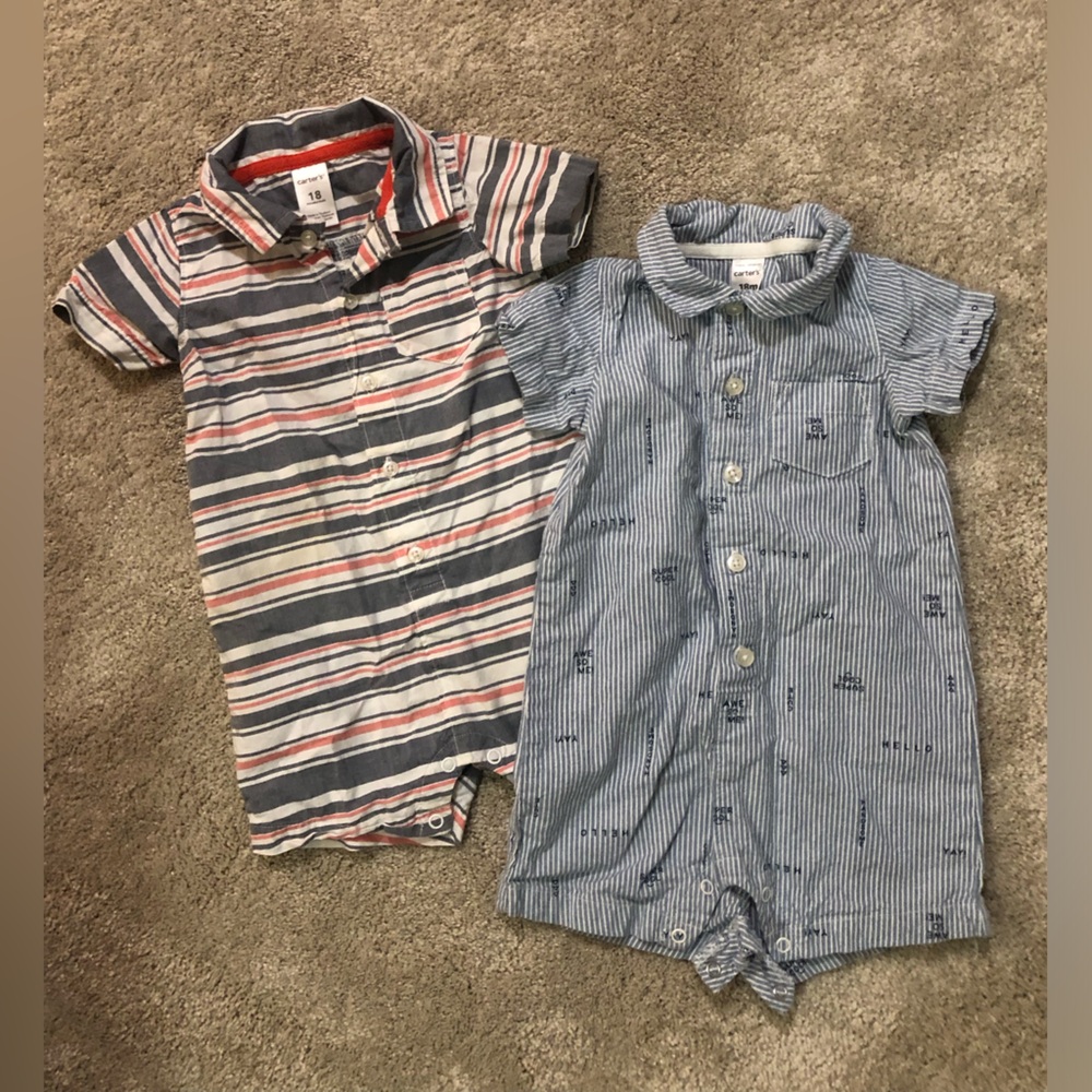 2 pack Carter’s shorts & short sleeve rompers button down Sz 18 Mo